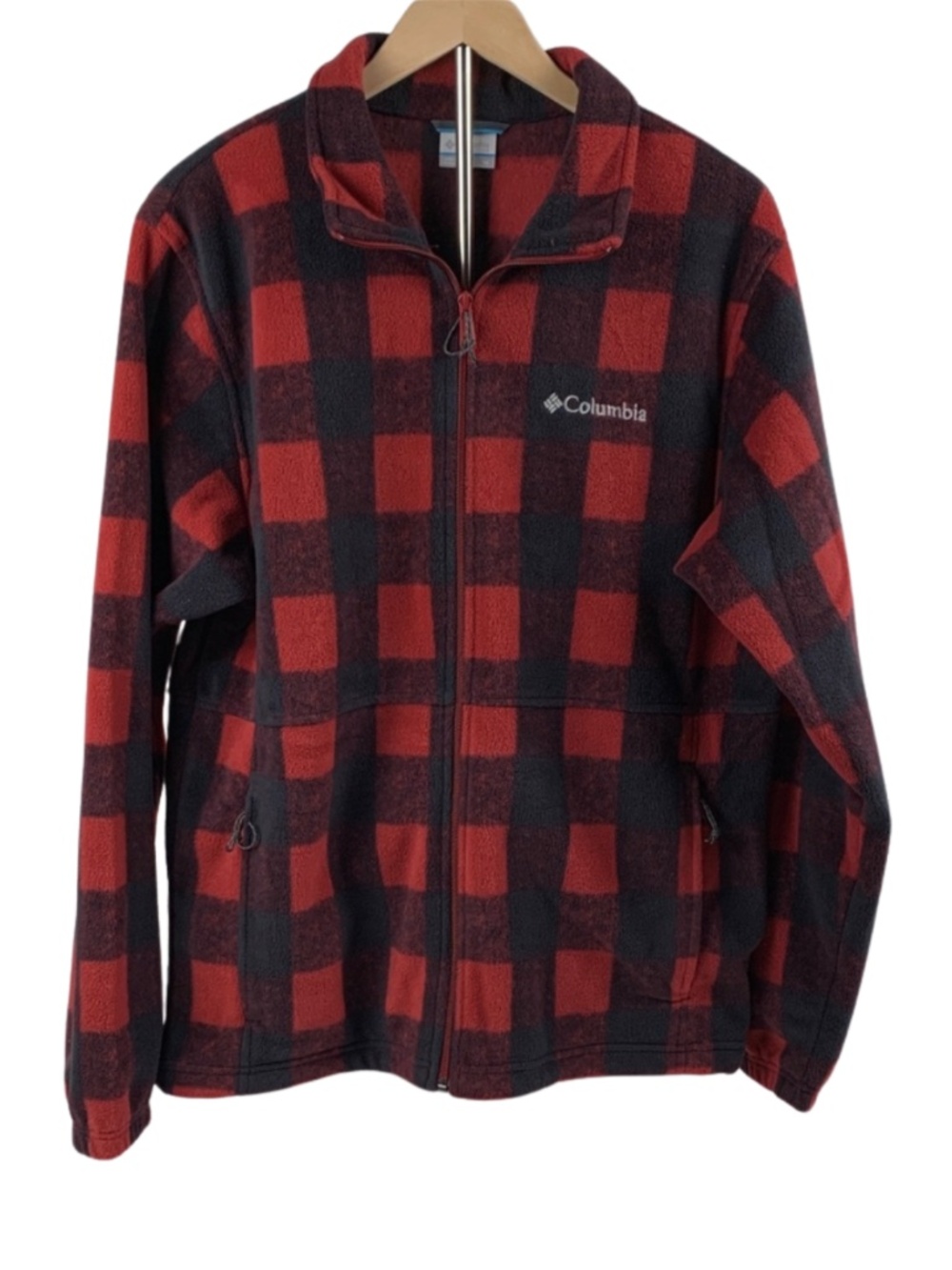 Columbia Red Black Plaid Fleece Jacket Pockets Full Zip Mens Size M Gorpcore - Picture 1 of 8